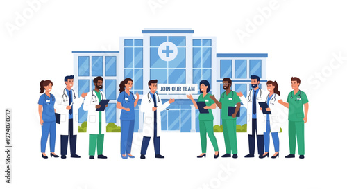 Healthcare Recruitment: Diverse Medical Team & Hospital Staff with 'Join Our Team' Sign. Job Opportunities in Medicine.