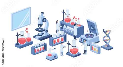 Isometric Science Lab Illustration with Researchers, Advanced Equipment, DNA & Microscopes for Medical, Chemical, and Biological Research