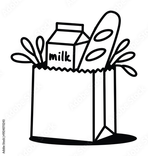 Grocery Bag with Milk and Baguette, Simple Line
