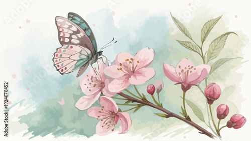 Butterfly sips nectar from delicate pink cherry blossoms in spring