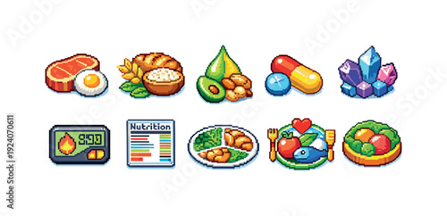 Food nutrition pixel icon set. Health, organic, dietary icons collection in pixel art
