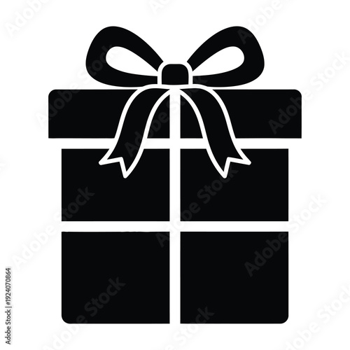 Simple black silhouette of a wrapped gift box with a bow symbolizing celebration surprise and special occasions isolated on a white background representing generosity and giving