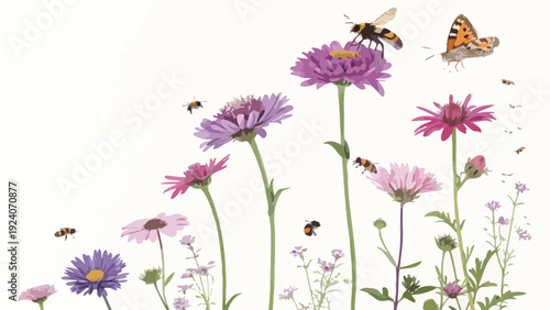 Vibrant flowers attract busy bees and butterflies in garden