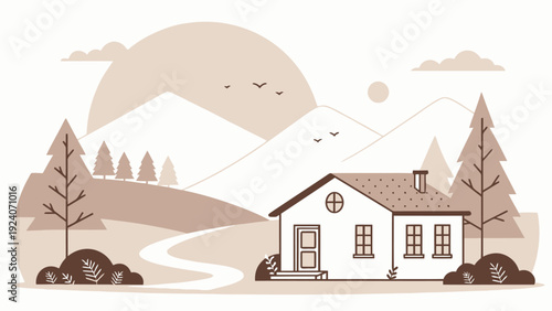 Cozy mountain house with serene landscape and winding road