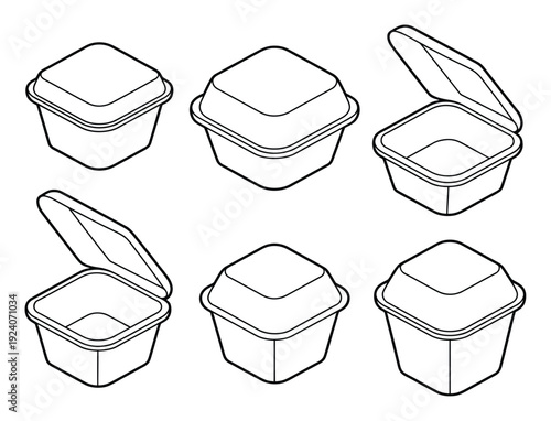 Set of Isometric Food Containers with Open and Closed Lids