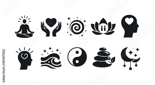 Mindfulness and meditation solid icon set. Relaxation, balance, zen symbol collection