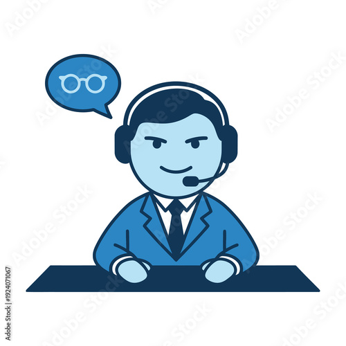 Friendly customer service agent wearing headset and suit sitting at desk communicating with glasses icon in speech bubble representing support and assistance in a professional