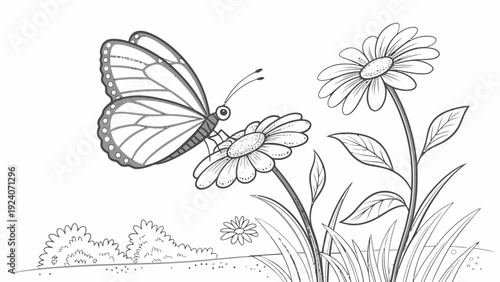 Butterfly landing on flower with leaves and blossoms nearby