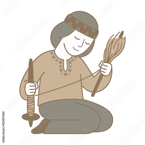 Traditional craftswoman skillfully spinning wool into yarn using an ancient drop spindle tool demonstrating heritage textile artistry and manual labor with gentle focus