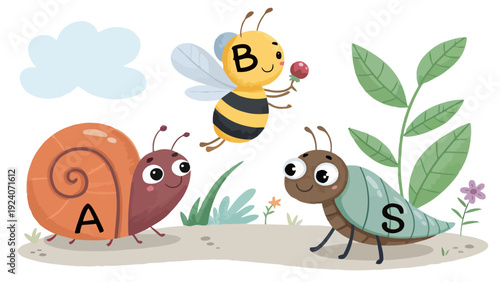 Cute cartoon insects and snail in garden with flowers