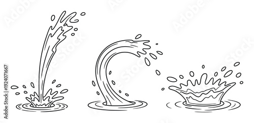 Three stylized black and white water splashes and drips