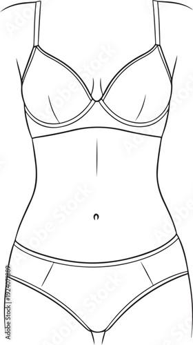 Black and white line of a woman's torso wearing a bra and panties lingerie underwear bikini