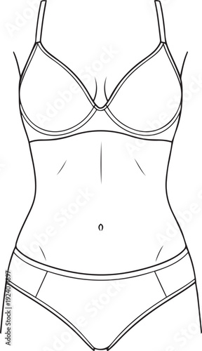 Black and white line of a woman's torso wearing a bra and panties lingerie underwear 1 female