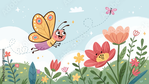 Happy butterfly flying over colorful flowers in sunny garden