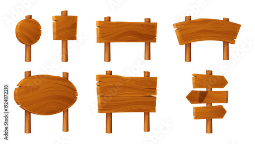 Wooden sign set with rustic signboard designs, vintage frames and cartoon arrow shapes. Vector collection of farm style planks, 3d banners, timber panels and old billboard elements for game ui menu.