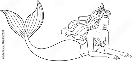 Line of a mermaid with a crown lying down with eyes closed line fantasy mythical creature princess