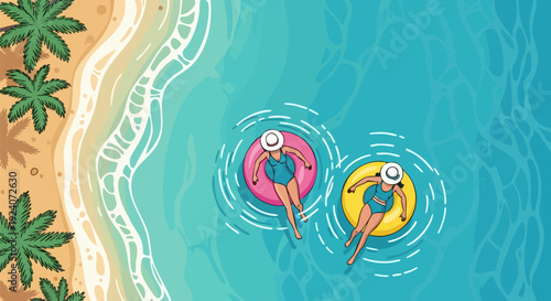 Beach vacation illustration with two people on inflatable rings