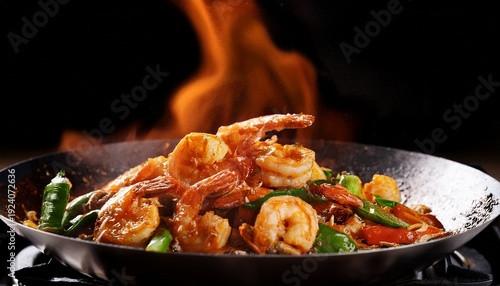 spicy shrimp stir fry flames in wok