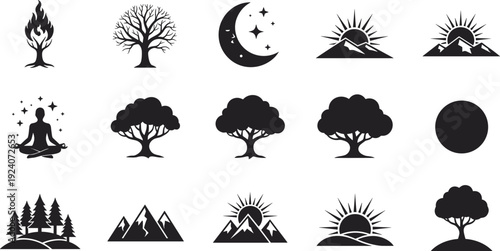 Collection of fifteen nature and spiritual silhouette icons featuring trees, mountains, moon, sun, meditation, flame, and symbolic elements for design and environmental themes.