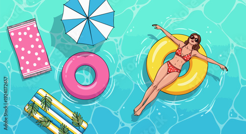 Summer pool float icons with woman, umbrella, and inflatables