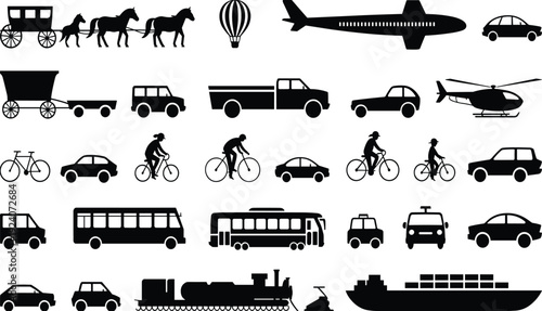 Transportation silhouette icons set featuring horse carriage, hot air balloon, airplane, helicopter, cars, bicycles, bus, taxi, train, snowmobile, cargo ship, vector design