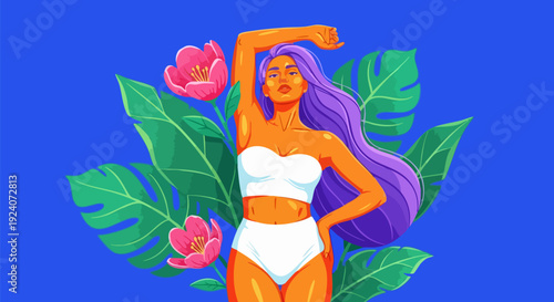 Illustrated woman in white bikini with tropical leaves and flowers