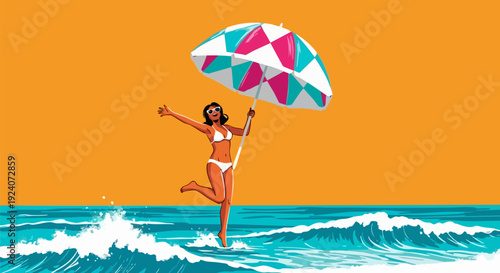 Woman in bikini jumping with umbrella on beach