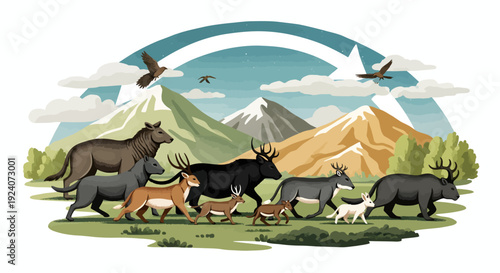 Diverse wildlife roaming freely in a serene mountainous landscape with lush greenery and majestic peaks