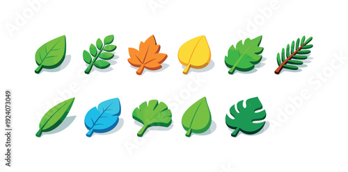 Leafy 3d icon set. Nature, foliage, seasonal leaves icons in vibrant colors.