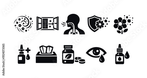 Allergy and health silhouette icon set: seasonal symptoms and remedies symbols
