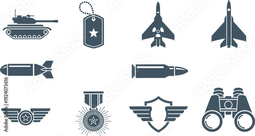 Collection of military-themed icons including tank, jet fighters, bomb, bullet, medal, shield, wings, dog tag, and binoculars, perfect for defense, strategy, and design projects.