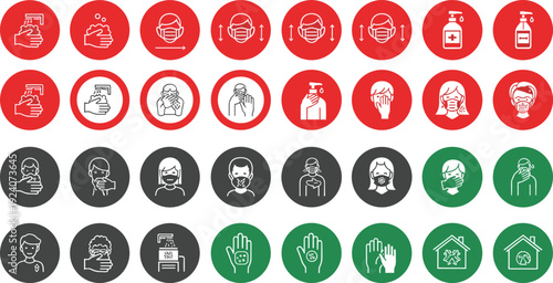 Coronavirus prevention icons set, hygiene safety symbols, face mask guidance pictograms, hand washing sanitizer vector, covid protection illustration collection pack