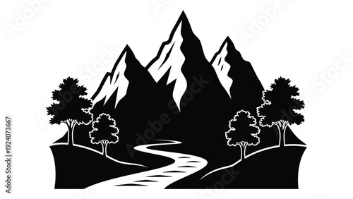 A black and white image of a mountain range isolated on white background, Vector