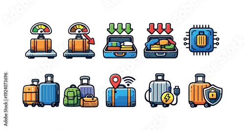 Travel and luggage icon set. Colorful, filled icons for packing and vacations.