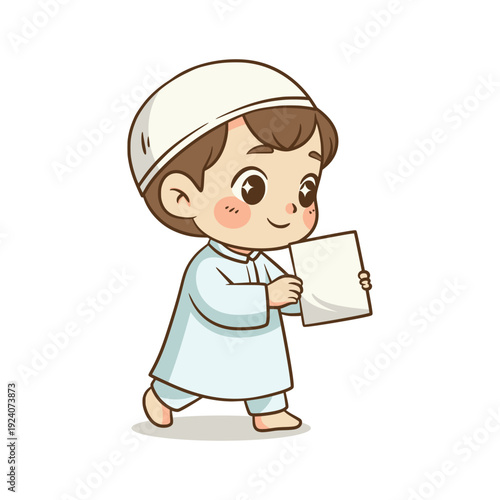 Little Muslim boy walking and holding blank white paper or letter