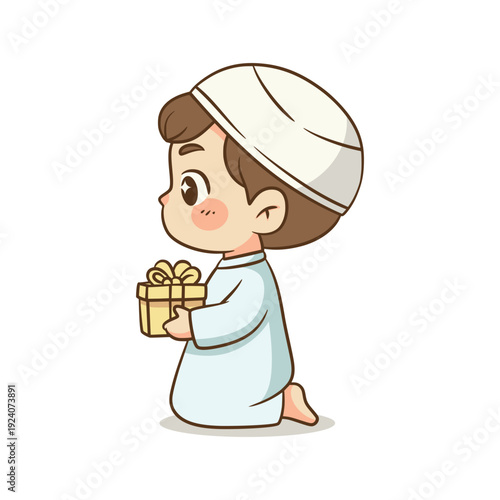 Young Muslim boy kneeling while holding a yellow gift box present
