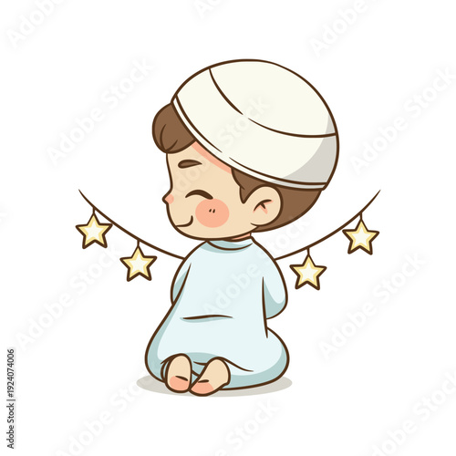 Little Muslim boy sitting with star bunting garland decoration behind him