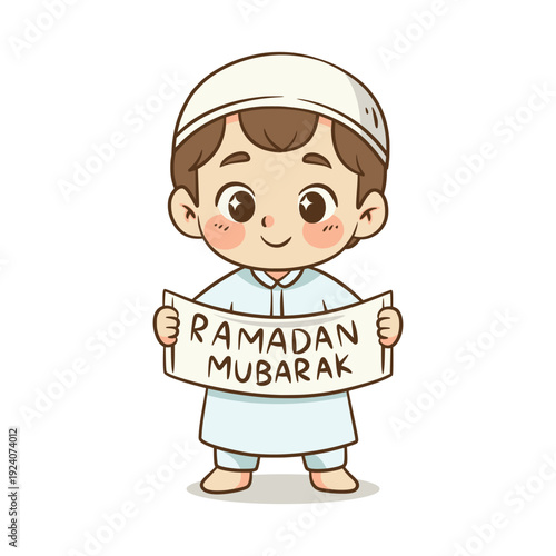 Muslim boy character holding Ramadan Mubarak sign banner for Islamic holiday