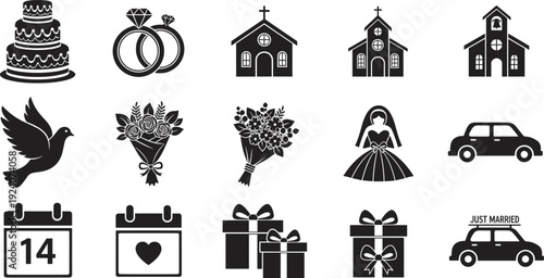 Collection of wedding and romantic celebration icons including cake, rings, churches, dove, bouquets, bride, car, gifts, and calendars, perfect for invitations, planning, and design projects.