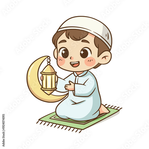 Muslim boy kneeling on prayer rug holding lantern and crescent moon