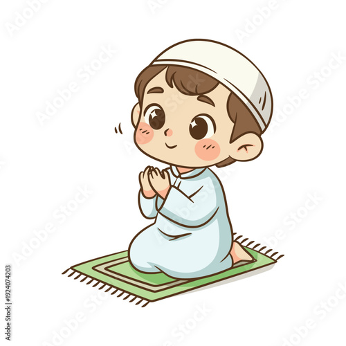 Pious Muslim boy kneeling on prayer mat in deep supplication prayer