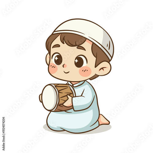 Little Muslim boy sitting while playing a small traditional hand drum