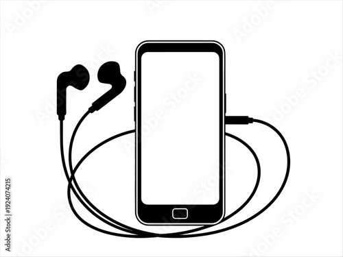 Smartphone silhouette with wired headphones, minimal design representing communication and entertainment.