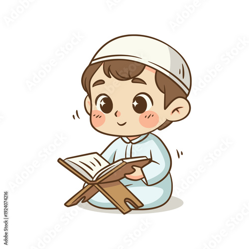 Muslim boy character sitting and reading holy book Quran on stand