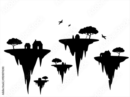 Floating land masses silhouette with house, tree, and birds, surreal fantasy minimal design.