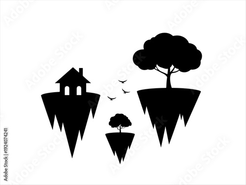 Stylized floating islands silhouette with trees, houses, and birds, fantasy surreal design.