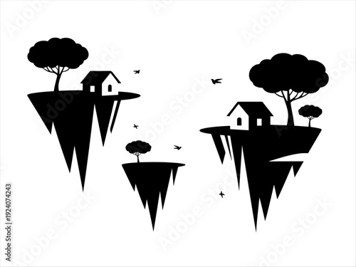 Stylized floating islands silhouette with houses, trees, and birds, surreal fantasy design.
