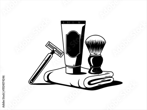 Classic shaving kit silhouette with razor, tube, brush, and towel, bold minimal design.