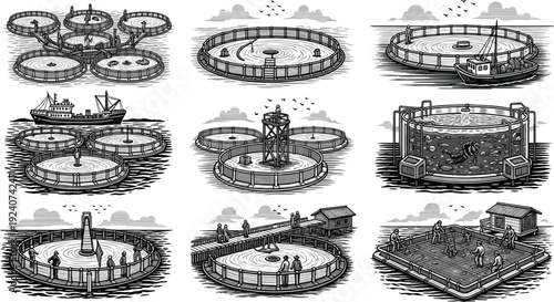 Fish farming aquaculture illustration set, offshore circular fish cages and marine farming systems, seafood industry vector illustration bundle pack design