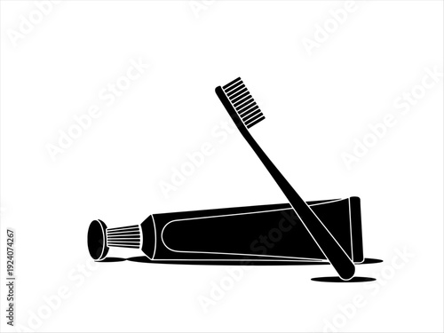 Toothbrush and toothpaste silhouette, bold minimal design symbolizing oral hygiene.